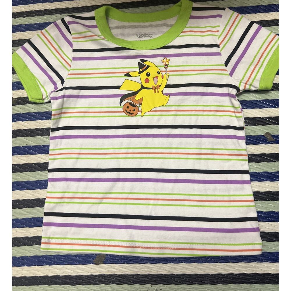 Pokemon Pikachu Halloween Shirt Green Purple Black Stripes Girls L 10/12